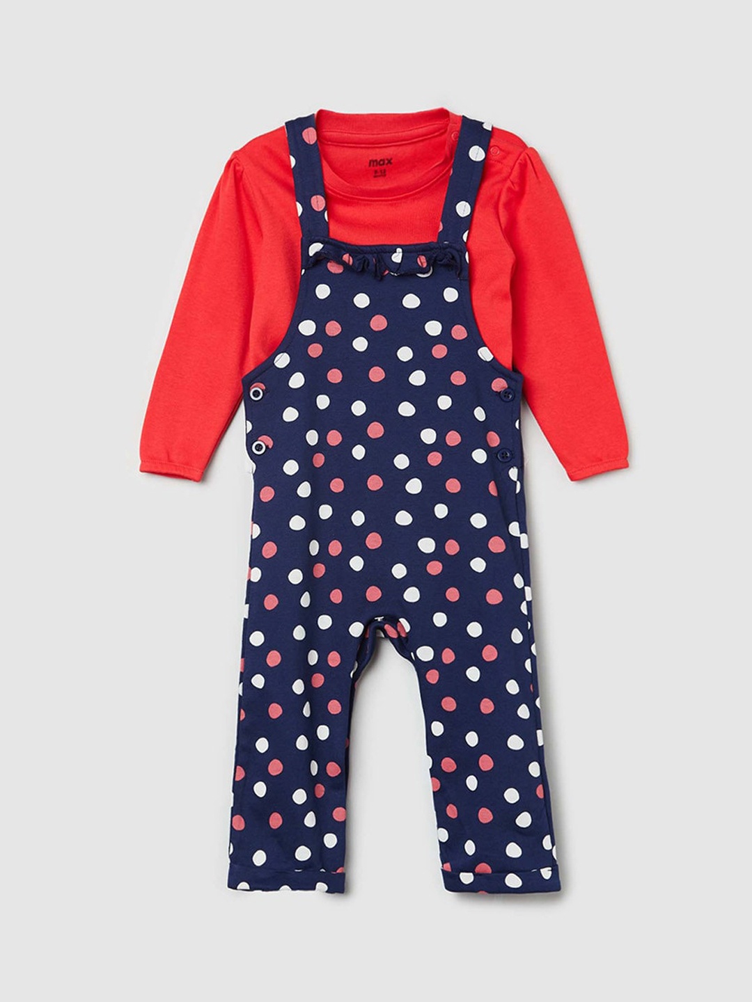 

max Girls Navy Blue Printed Dungaree with T-shirt