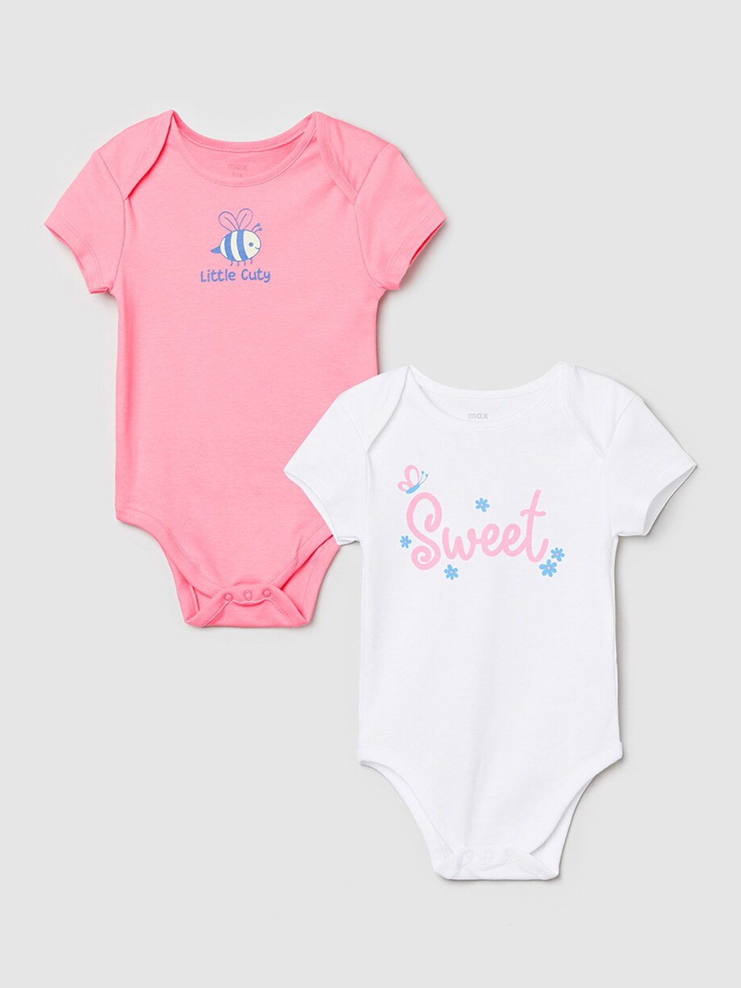 

max Infant Girls Pink & White Pack of 2 Printed Pure Cotton Bodysuits