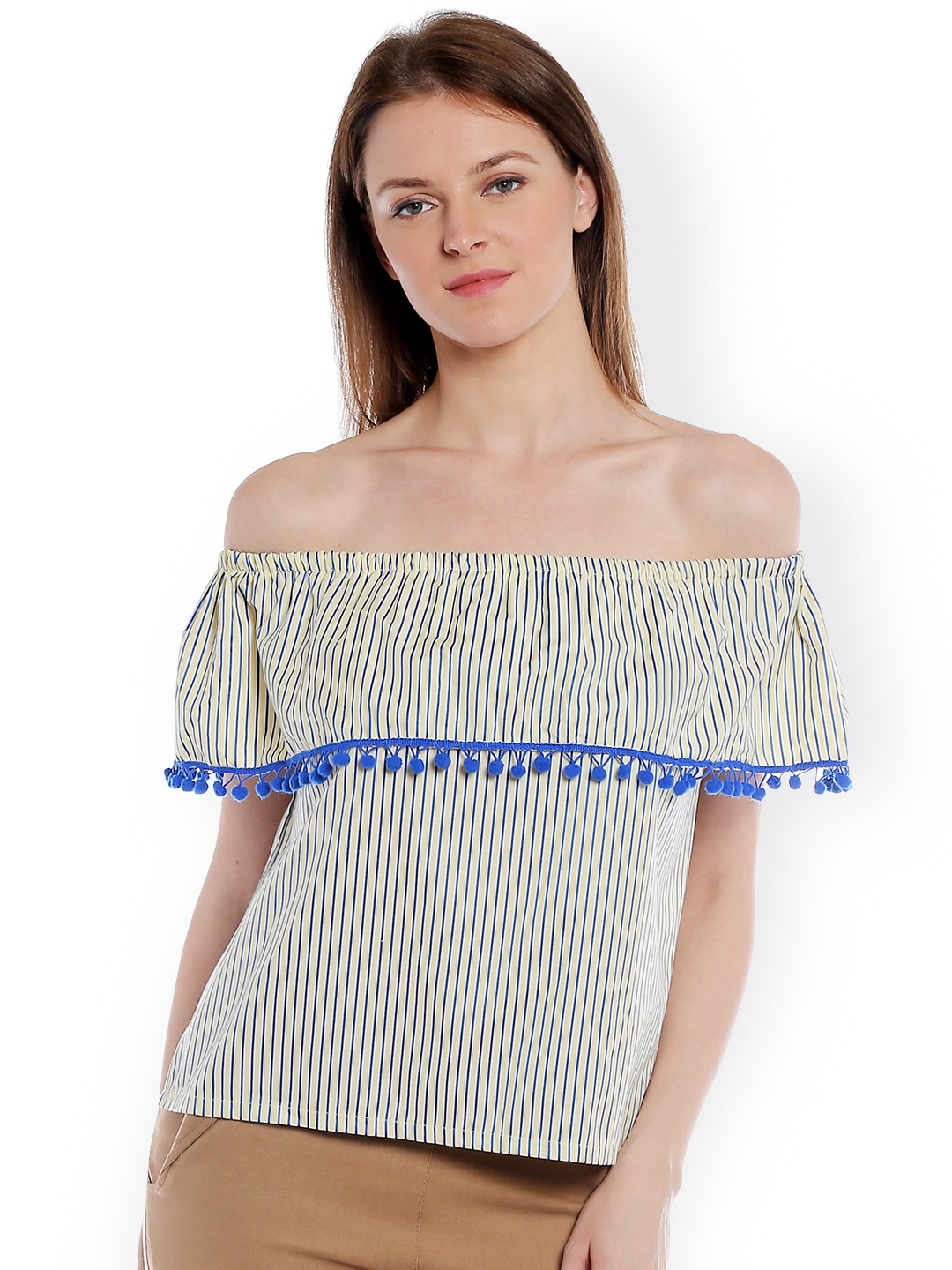 

Style Quotient Women Yellow & Blue Striped Off-Shoulder Top
