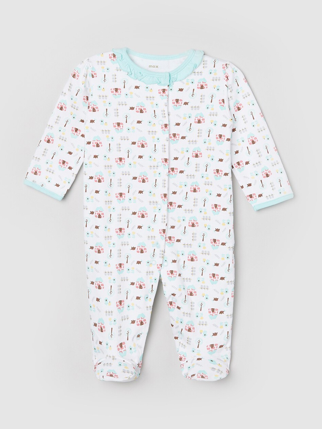 

max Infant Girls White & Blue Printed Anti-Bacterial Sleepsuit