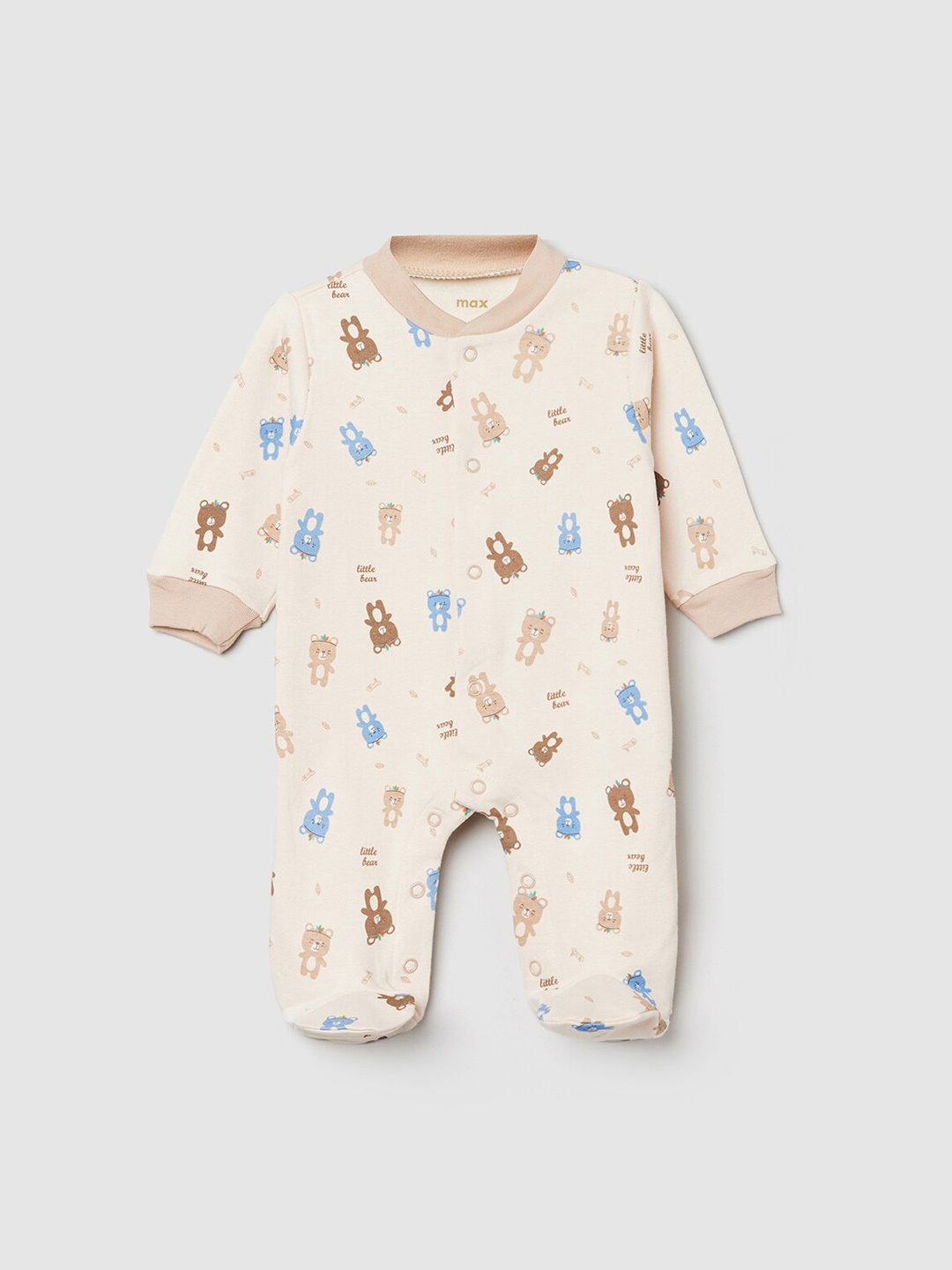 

max Infant Boys Cream & Blue Printed Anti-Bacterial Sleepsuit