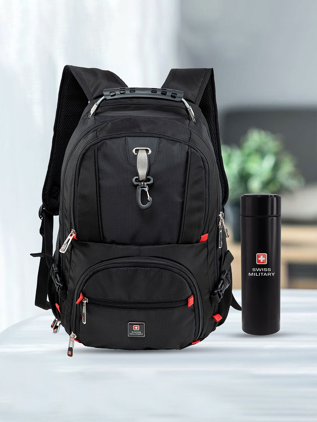

SWISS MILITARY Unisex Set Of 2 Black Brand Logo Backpack with Digital Vacuum Flask