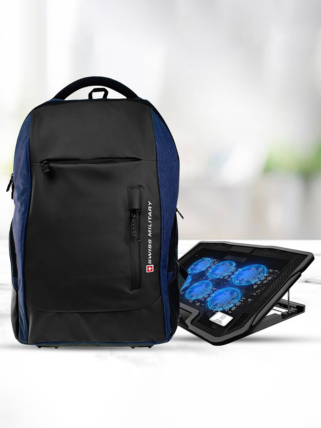 

SWISS MILITARY Unisex Blue Brand Logo Backpack with USB Charging Port