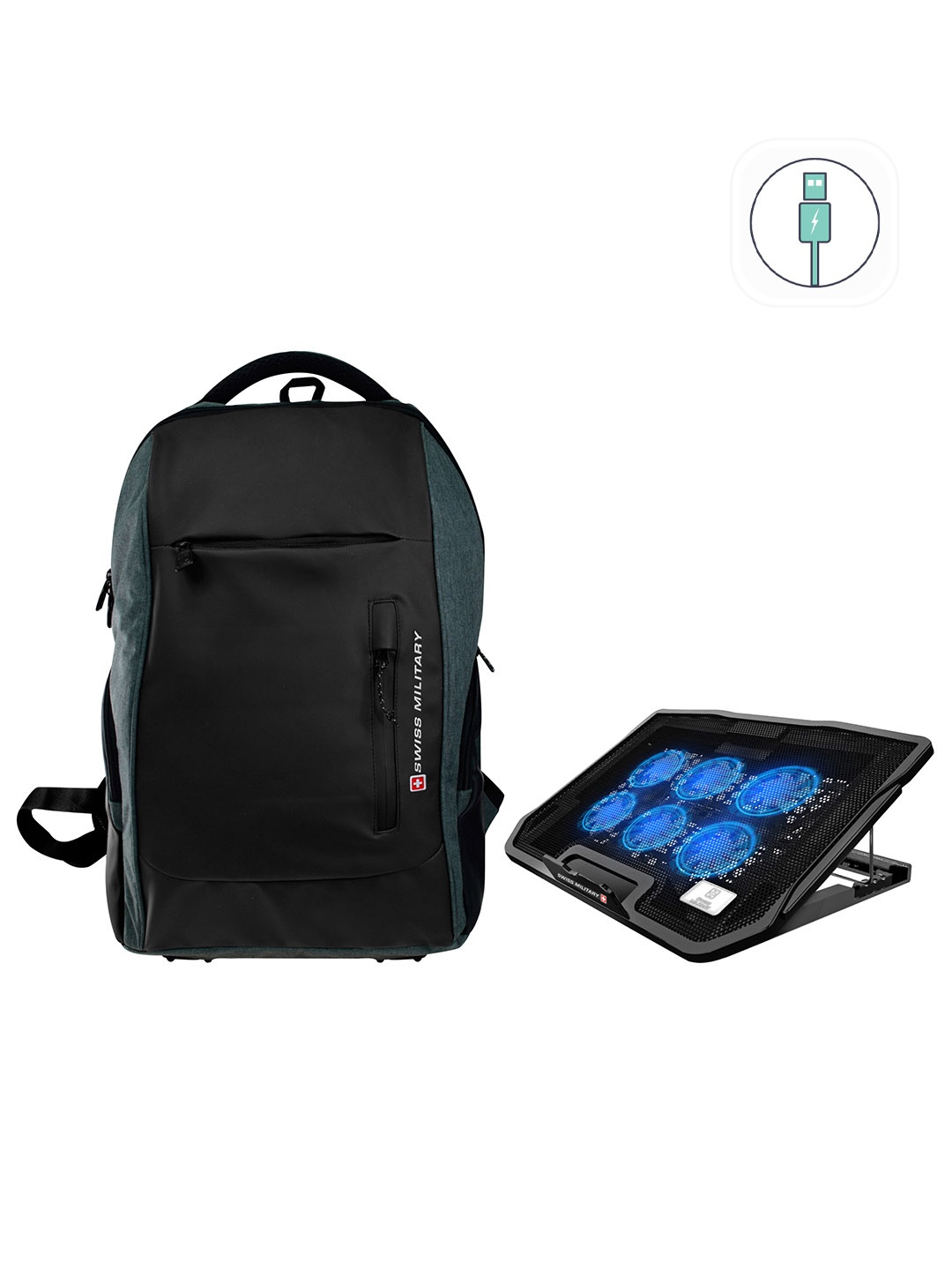 

SWISS MILITARY Unisex Black Backpack With USB Charging Port And Laptop Cooling Flexi Stand