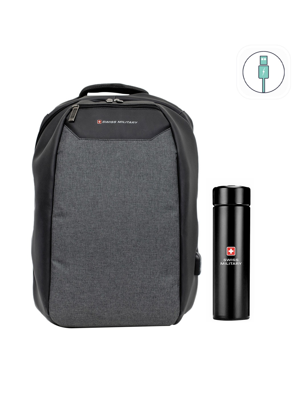 

SWISS MILITARY Unisex Set Of 2 Grey & Black Brand Logo Backpack with Digital Vacuum Flask