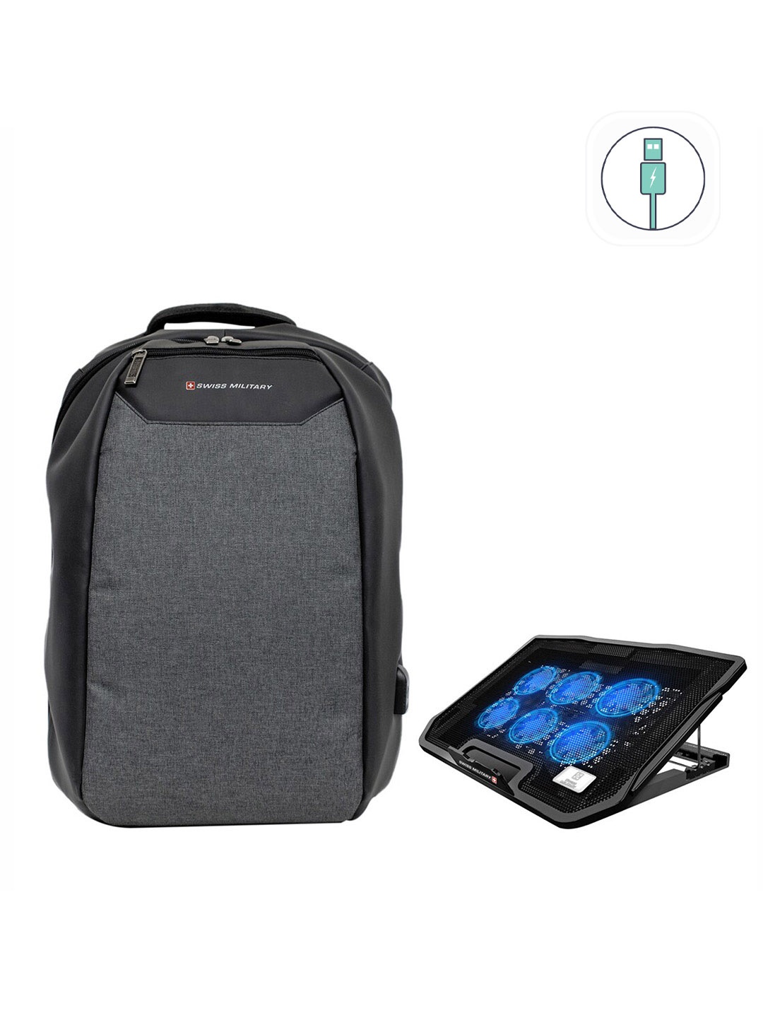 

SWISS MILITARY Unisex Grey & Black Brand Logo Backpack with USB Charging Port