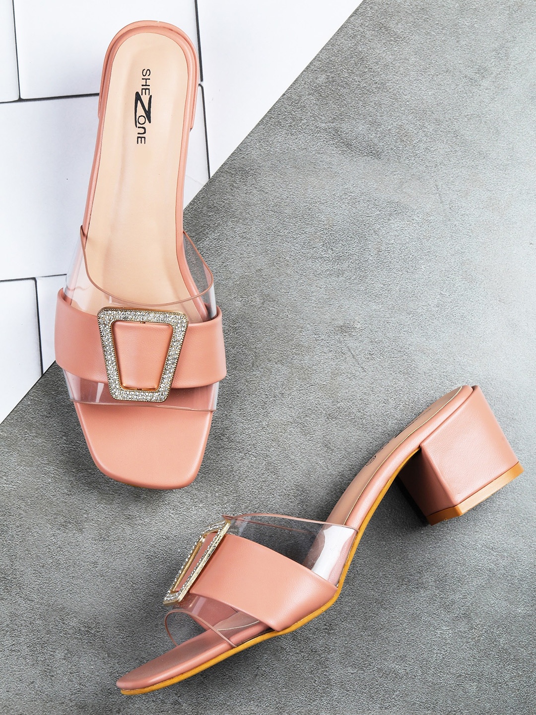 

Shezone Peach-Coloured Embellished Block Sandals