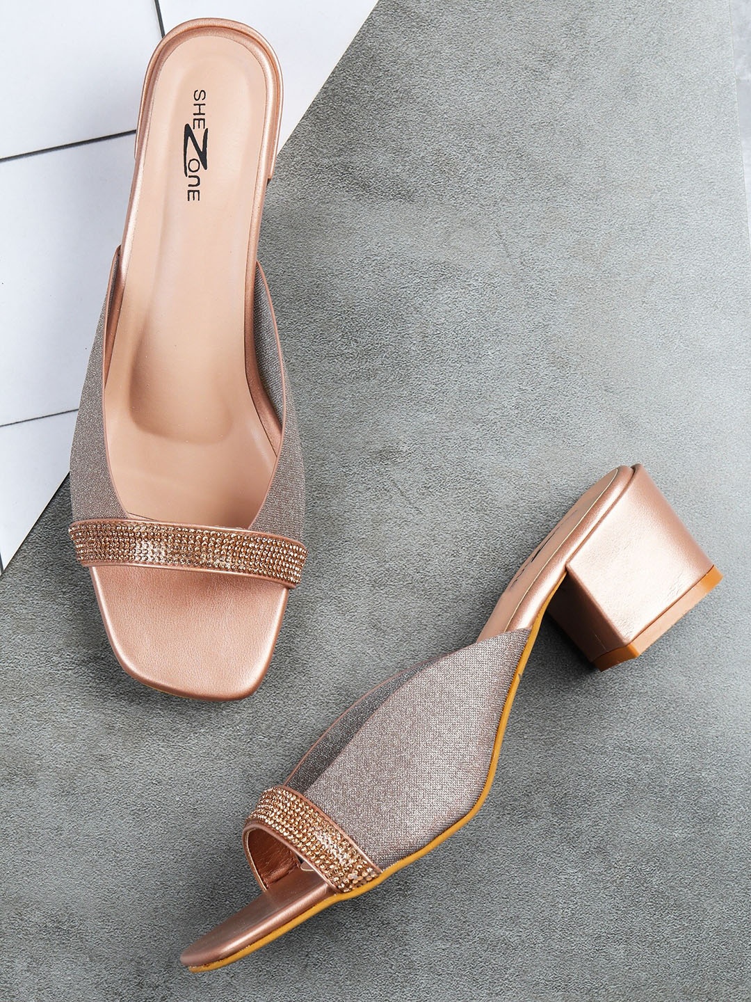 

Shezone Rose Gold Embellished Block Heels