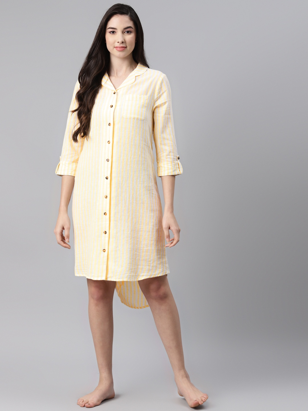 

Marks & Spencer Women Yellow & White Striped Shirt Nightdress