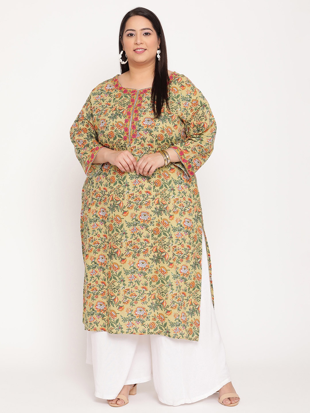 

Sringam Plus Size Women Green & Yellow Floral Printed Kurta