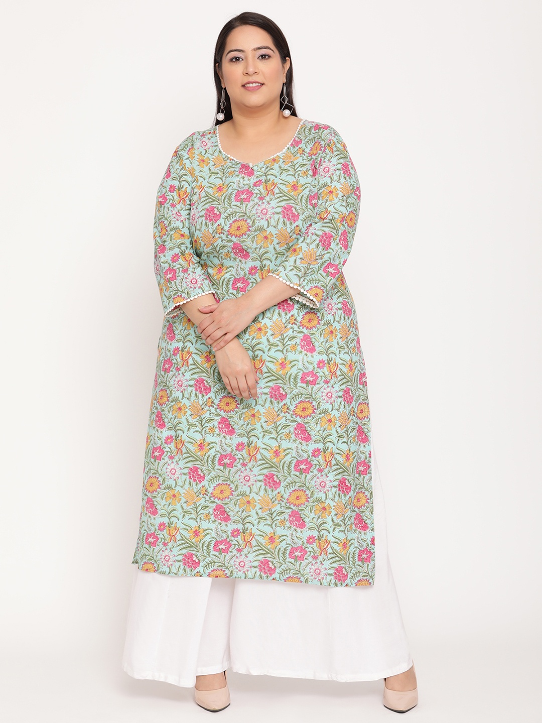 

Sringam Women Green & Pink Floral Printed Kurta