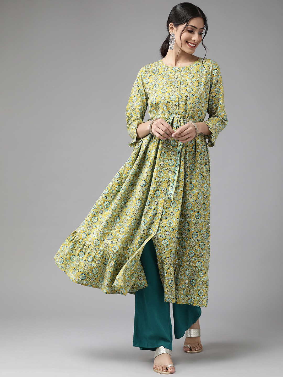 

Cayman Women Mustard Yellow Ethnic Motifs Printed Anarkali Kurta