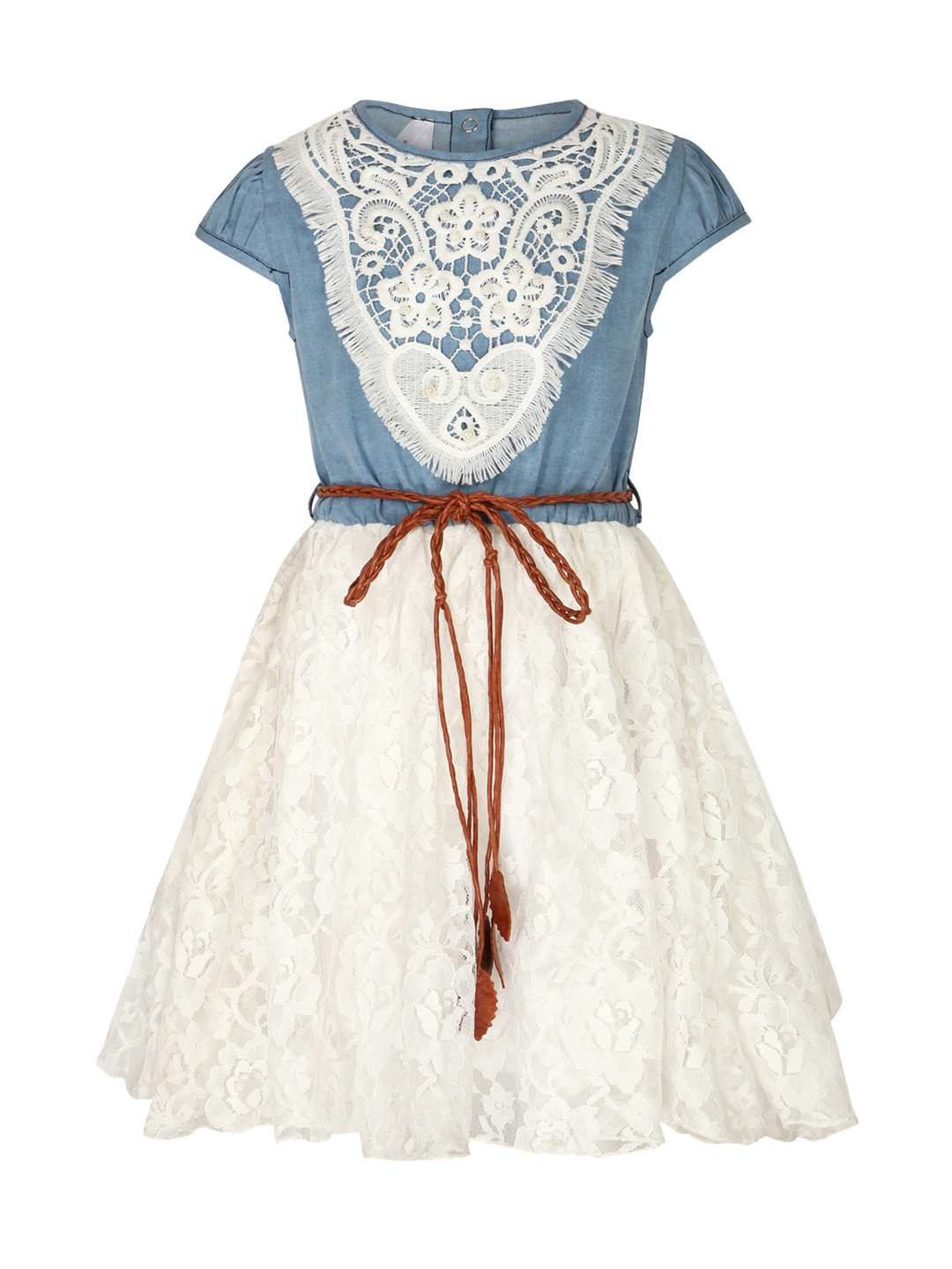 

StyleStone Girls Blue Lace Denim Fit and Flare Dress