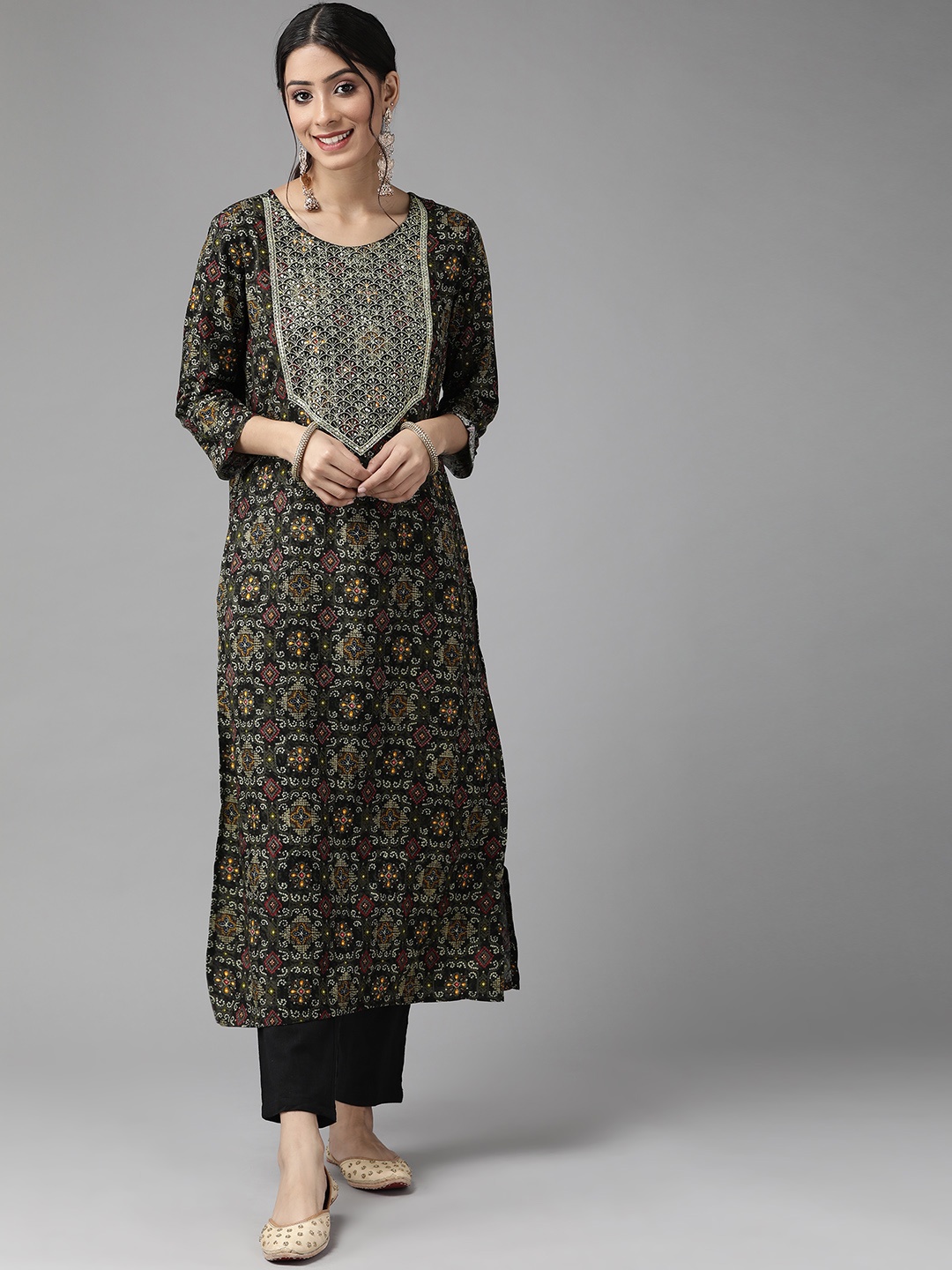 

Cayman Women Olive Green Yoke Design Kurta