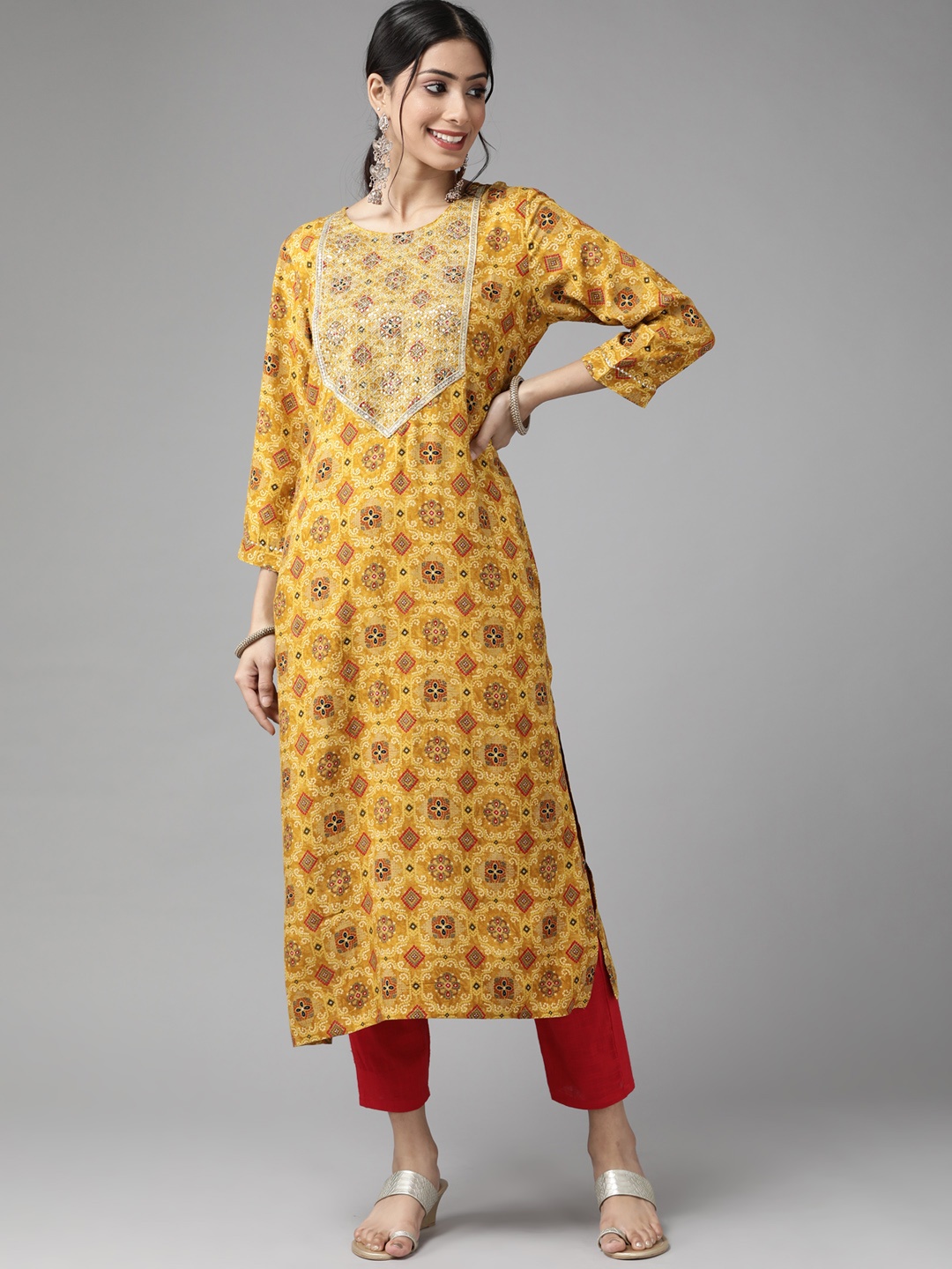 

Cayman Women Mustard Yellow Yoke Design Kurta