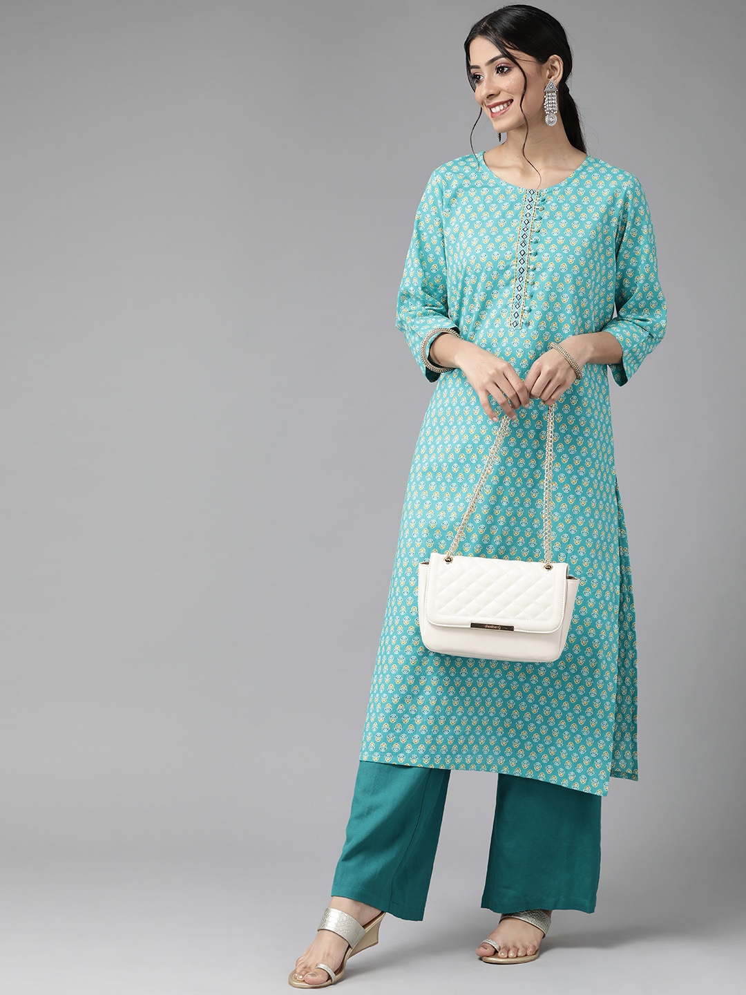 

Cayman Women Turquoise Blue Ethnic Motifs Printed Kurta