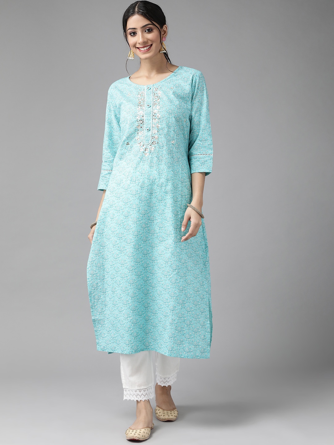 

Cayman Women Turquoise Blue Floral Printed Floral Kurta