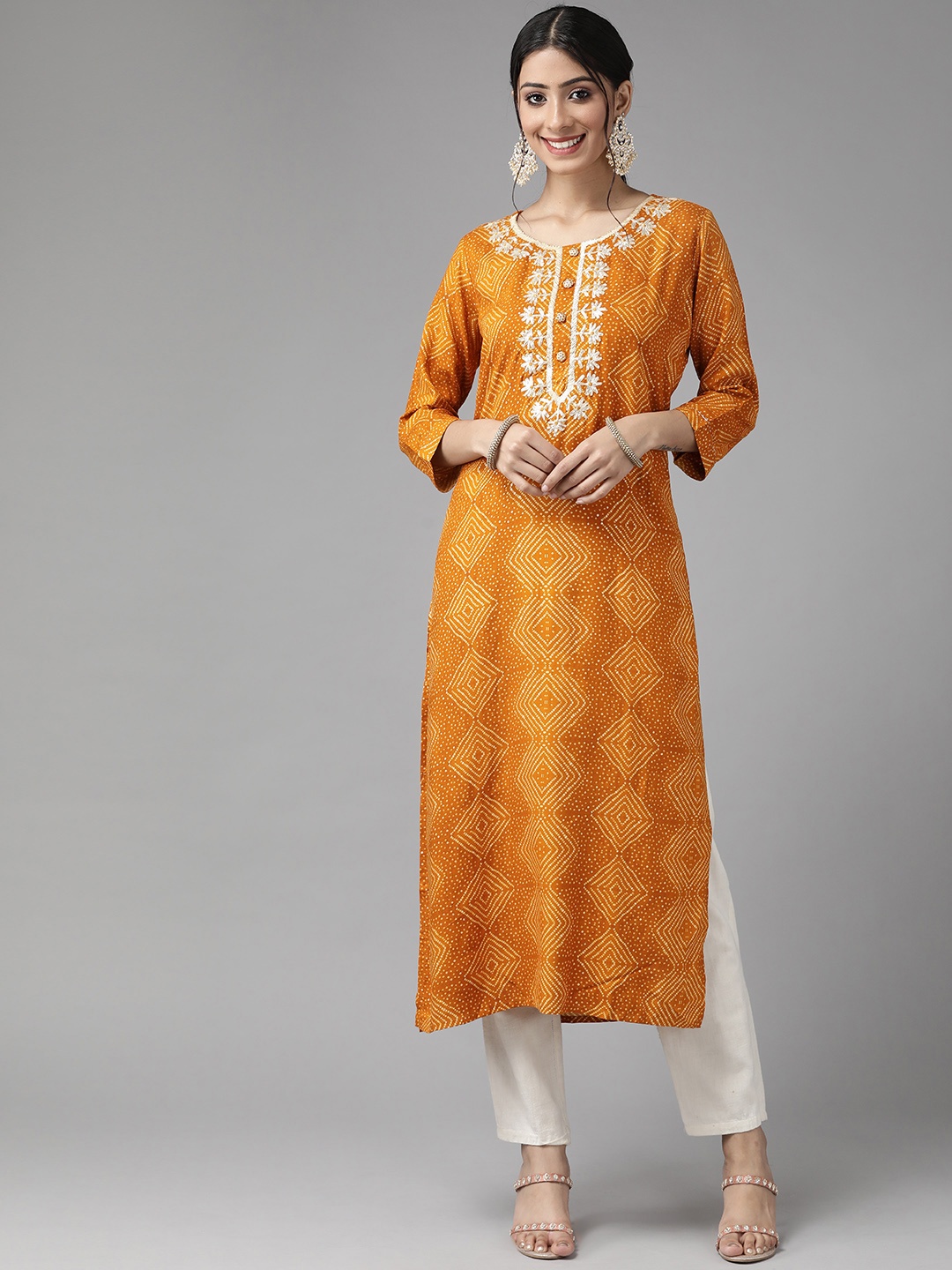 

Cayman Women Mustard Yellow Bandhani Printed Kurta