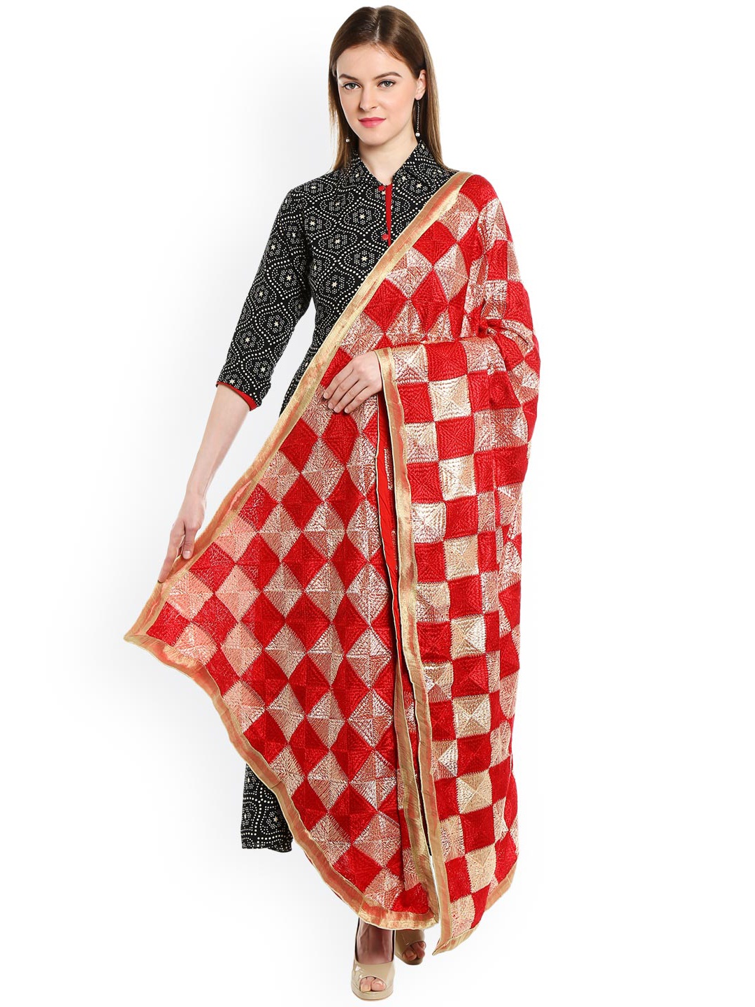 

Dupatta Bazaar Red & Beige Phulkari Embroidered Dupatta