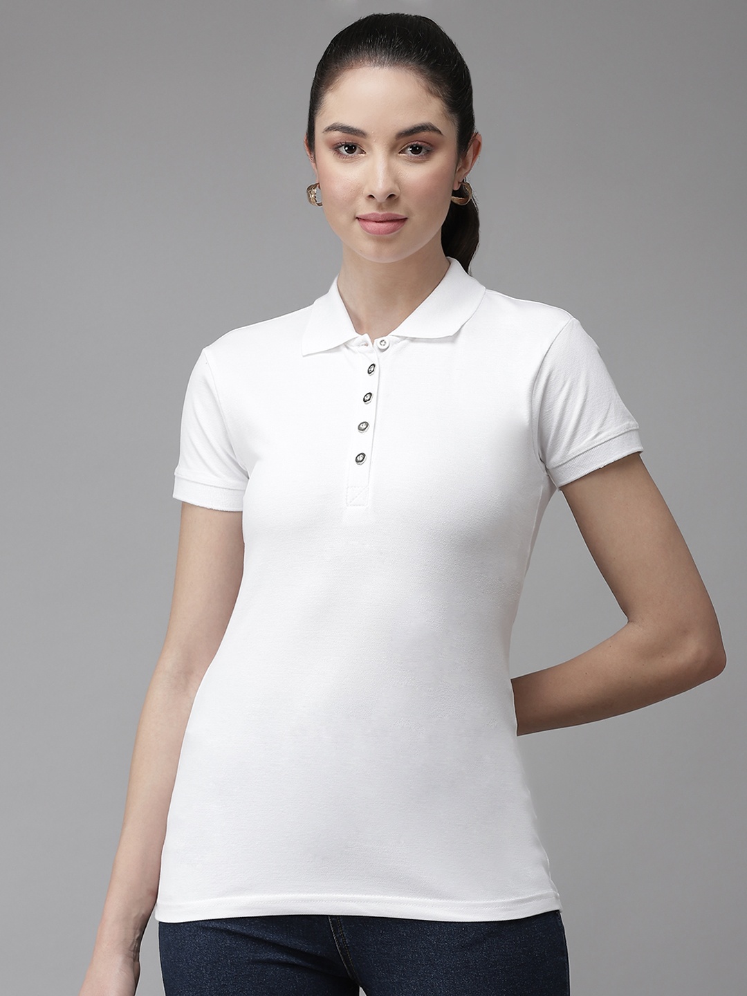

Cayman Women White Polo Collar T-shirt