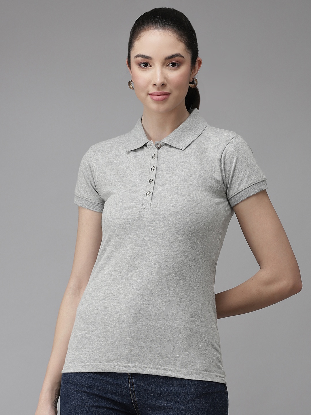 

Cayman Women Grey Melange Polo Collar T-shirt