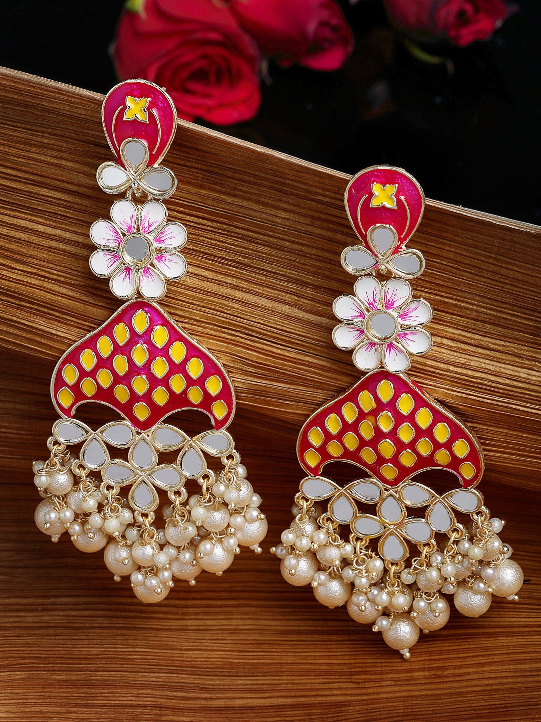 

PANASH Gold-Plated Mirror Work Meenakari Floral Drop Earrings