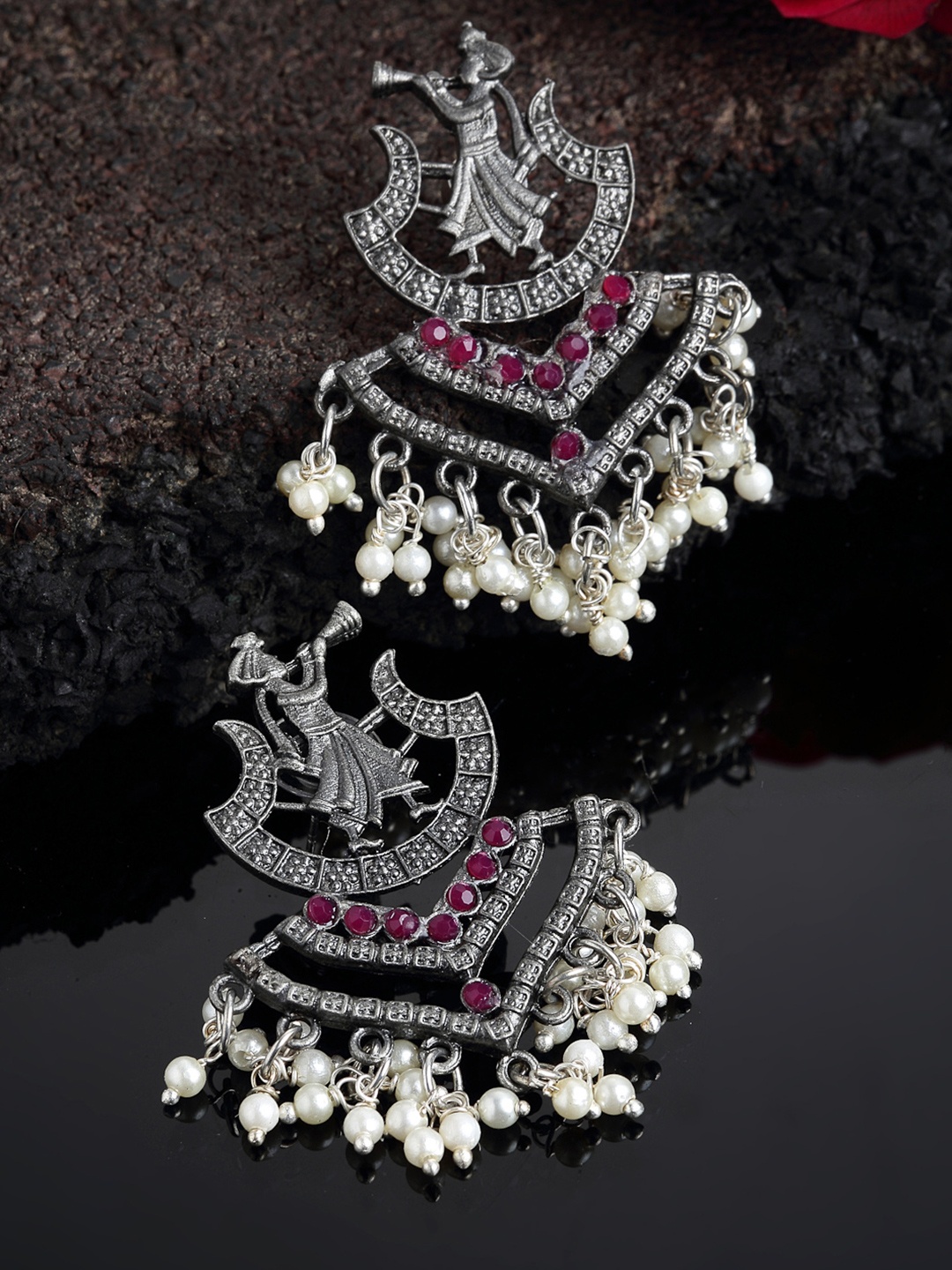

PANASH Oxidized Silver-Toned Contemporary Pearl Drop Earrings
