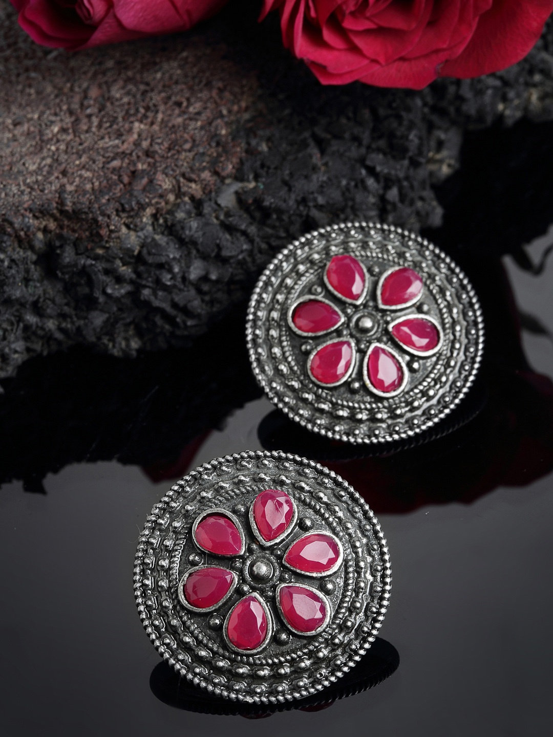 

PANASH Oxidized Pink Stone Studded Circular Stud Earrings, Silver