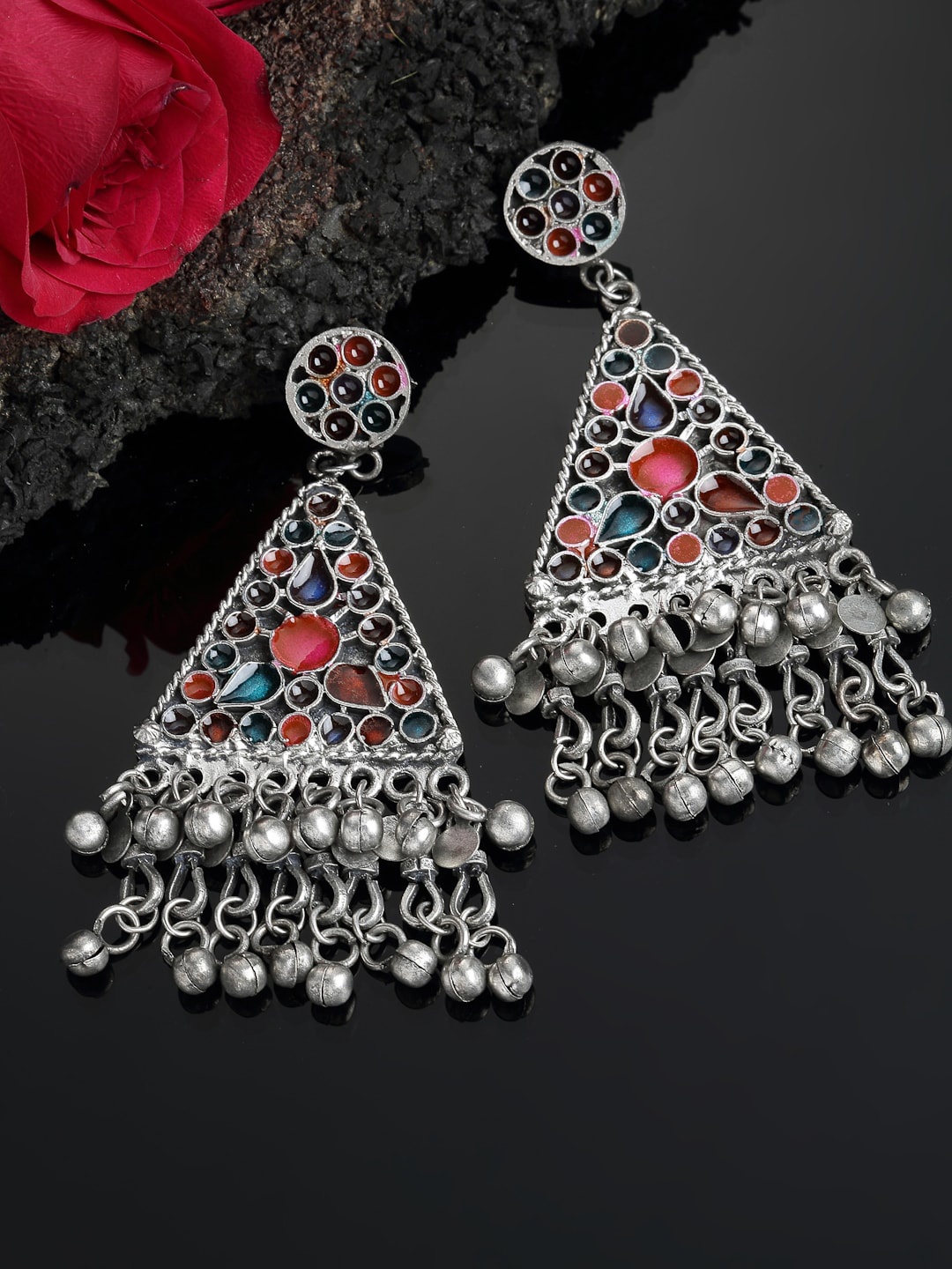 

PANASH Silver-Toned Oxidized Multicoloured Enamelled Geometric Shaped Drop Earrings