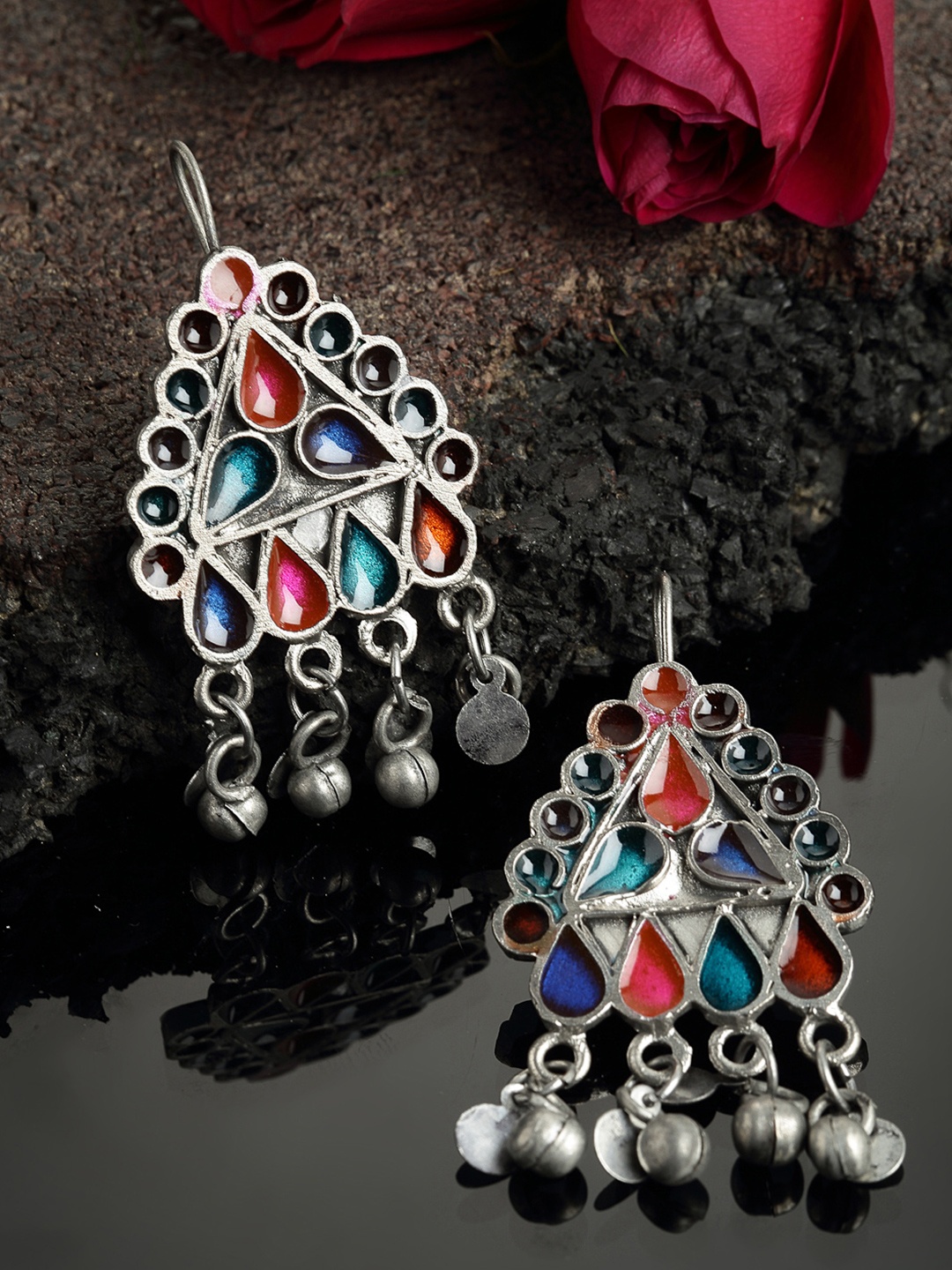 

PANASH Oxidized Silver-Toned Multicoloured Enamelled Geometric Shaped Drop Earrings