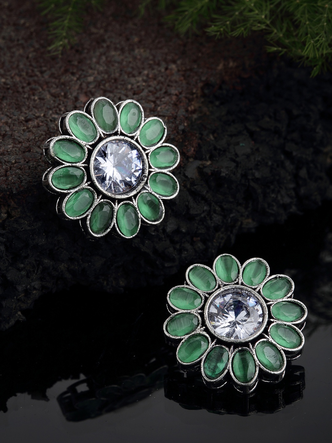 

PANASH Oxidized Silver -Toned Green Stone-Studded Floral Stud Earrings