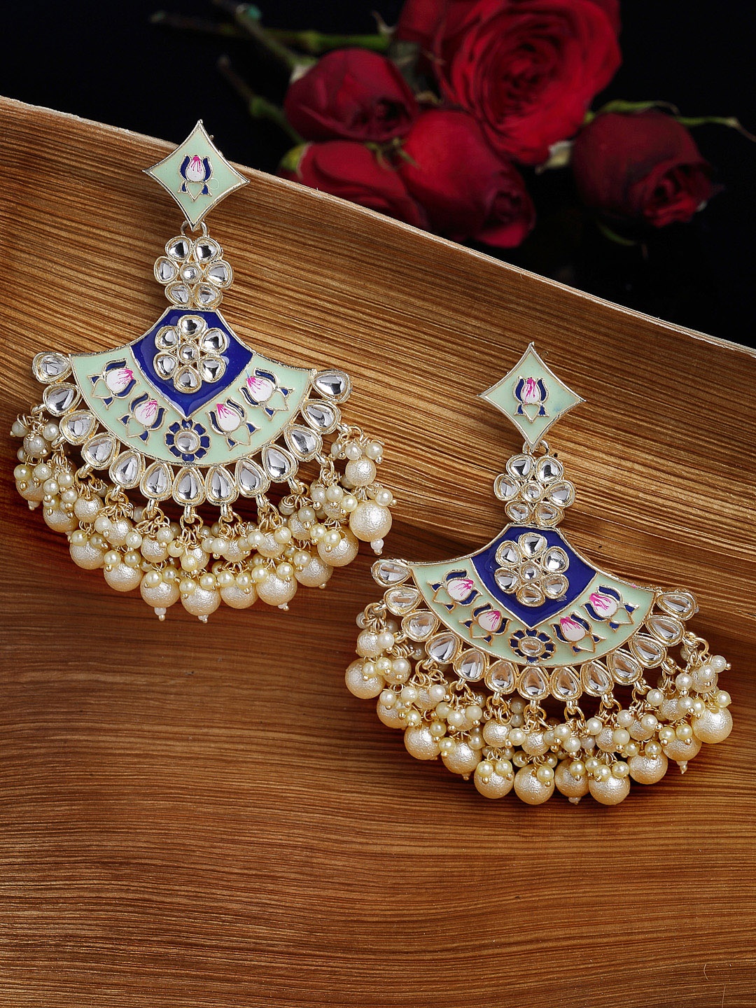 

PANASH Gold-plated Kundan Studded Meenakari Pearl Drop Earrings