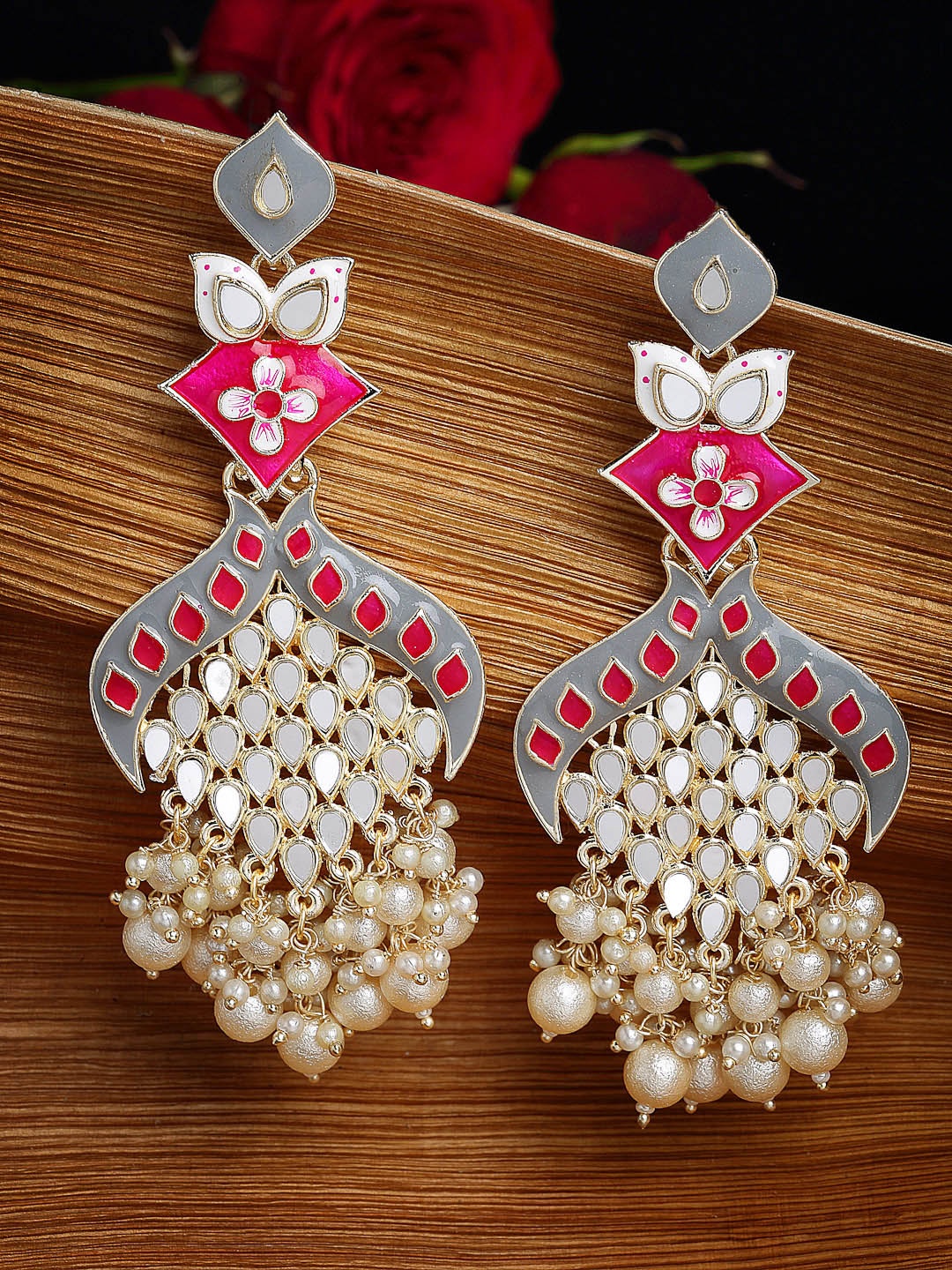 

PANASH Gold-Plated Mirror Work Meenakari Floral Pearl Drop Earrings