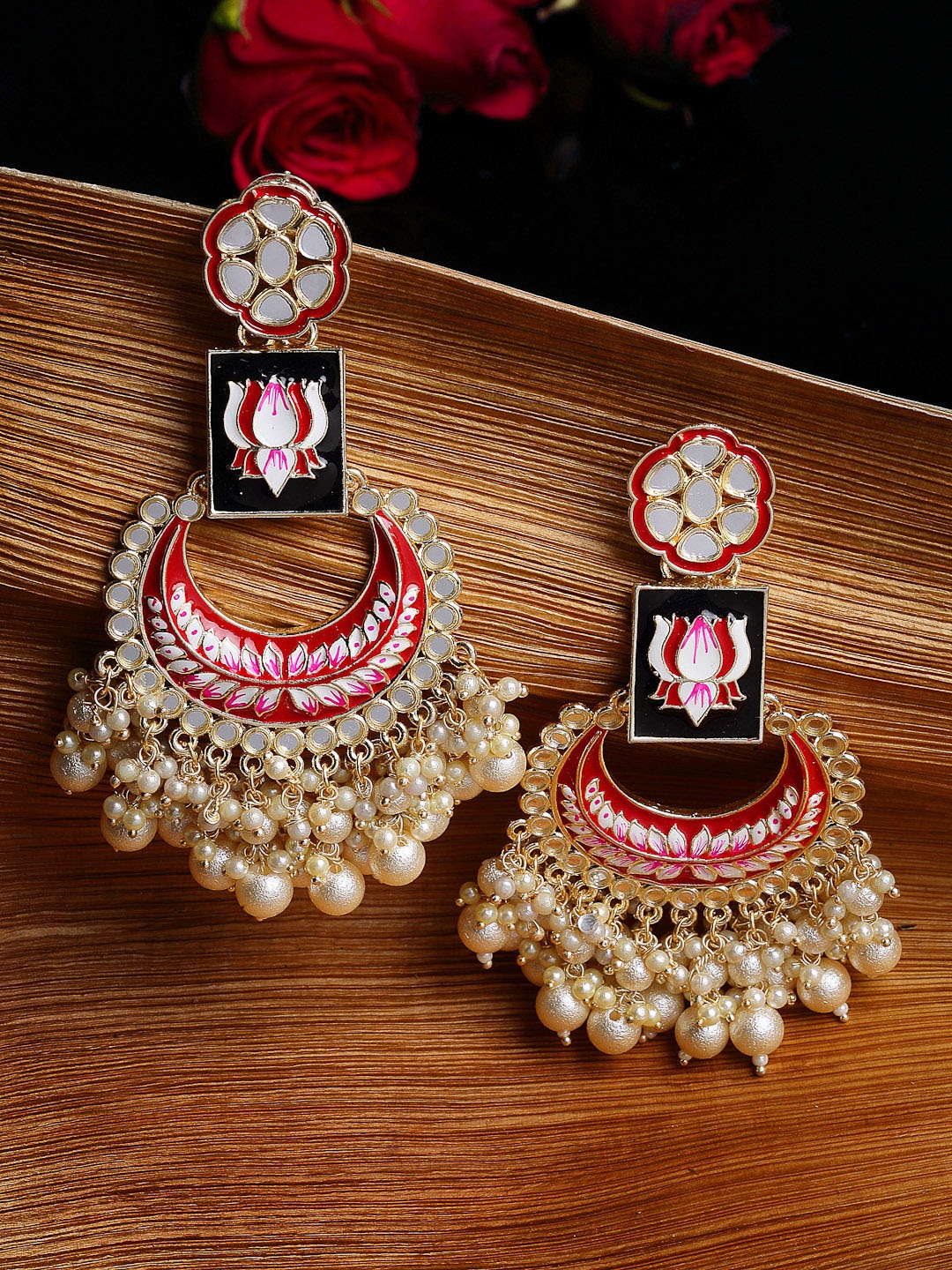 

PANASH Gold-Plated Mirror Work Red Meenakari Pearl Chandbali Earrings