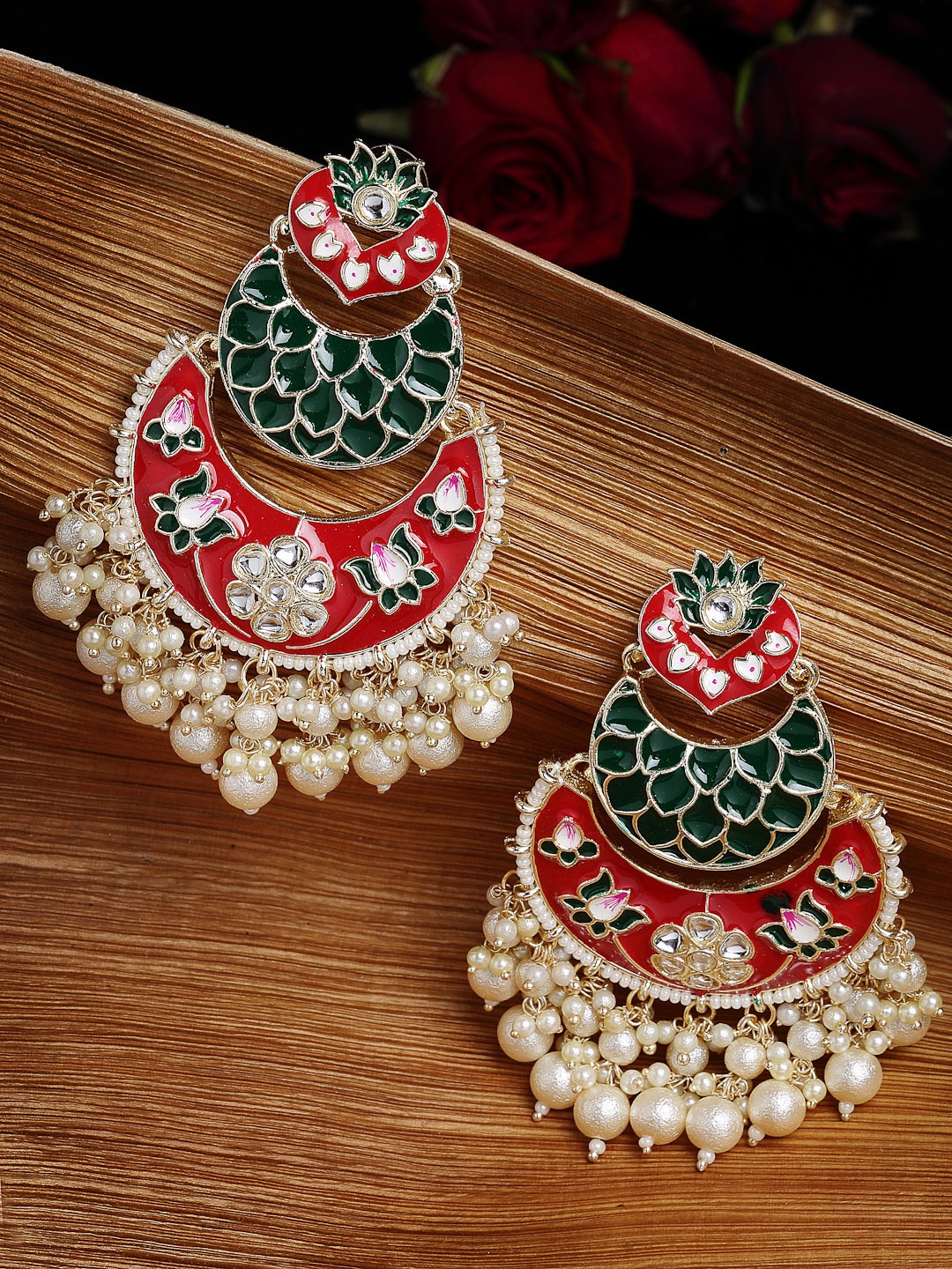 

PANASH Gold-Plated Red & Green Meenakari Pearl Chandbali Earrings