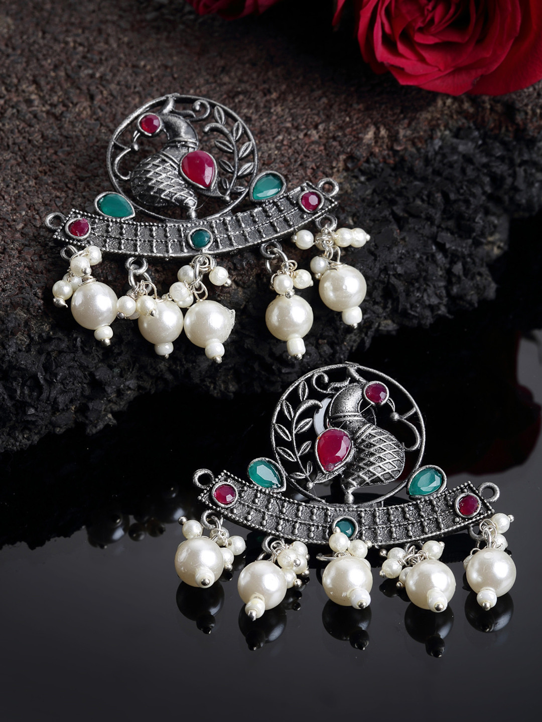 

PANASH Oxidized Silver -Toned Peacock Shaped Pearl Drop Earrings