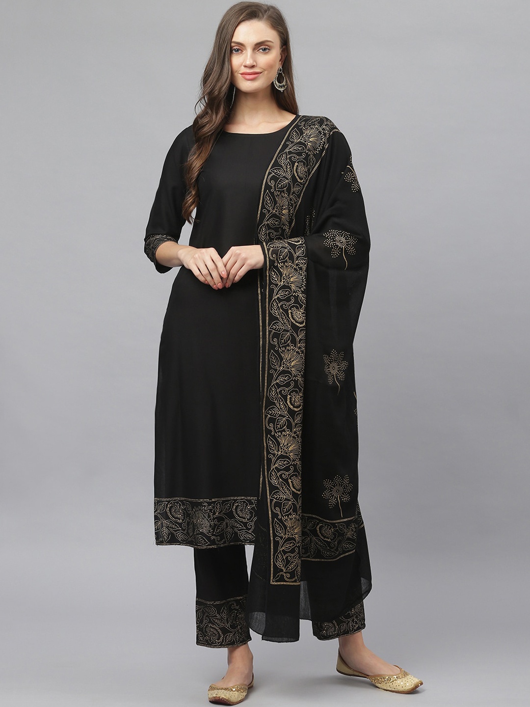 

Stylum Women Black Ethnic Motifs Panelled Kurta with Palazzos & Dupatta