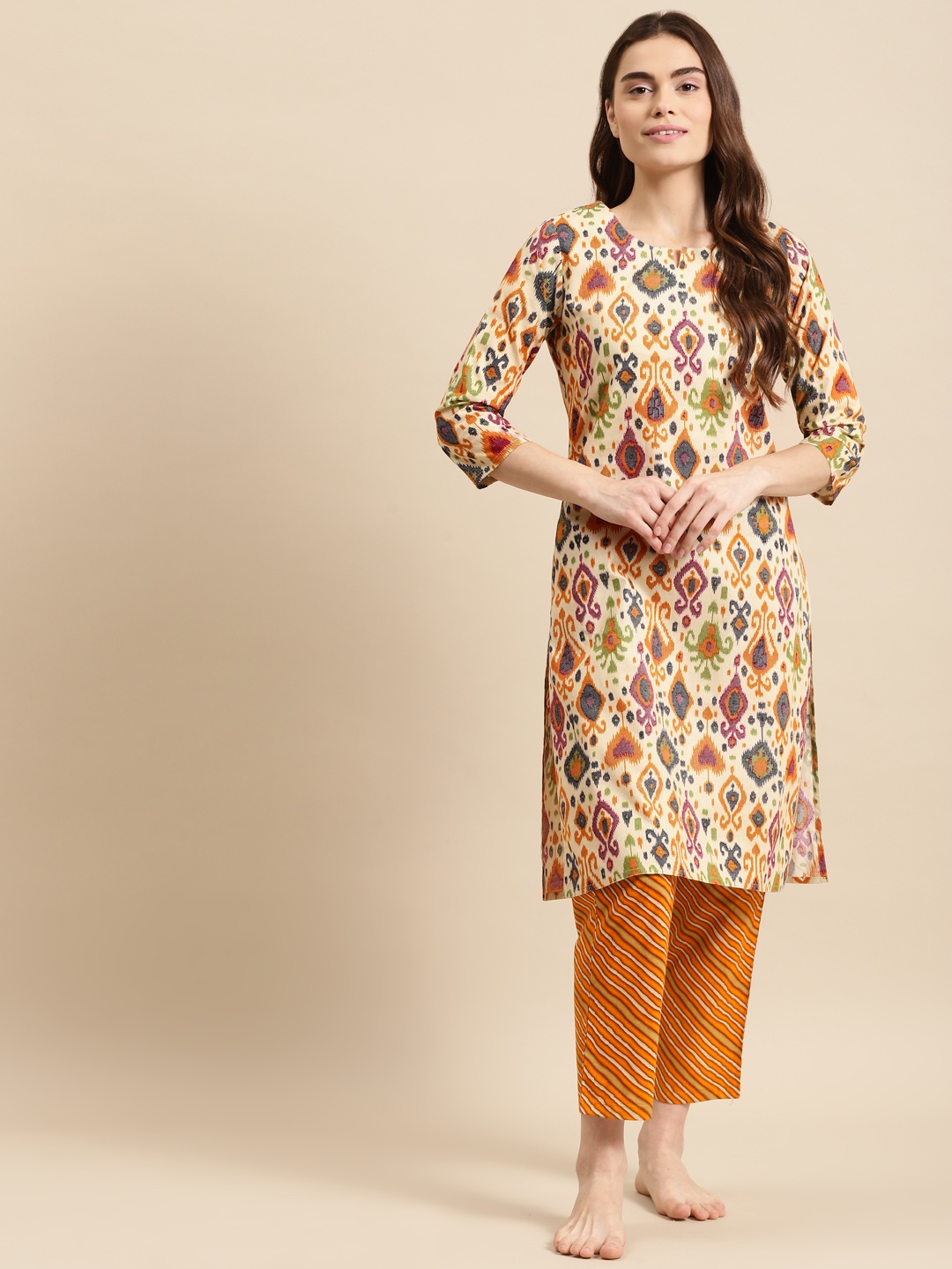 

Prakrti Women Beige & Multicoloured Printed Cotton Night suit