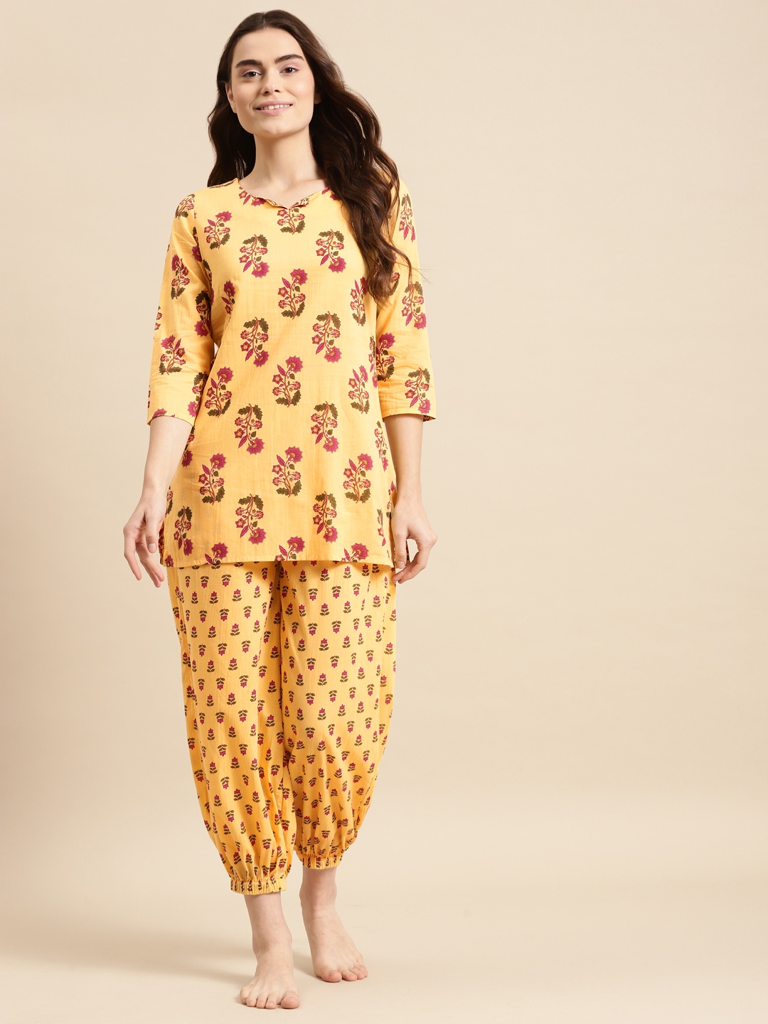 

Prakrti Women Yellow & Pink Printed Cotton Night suit