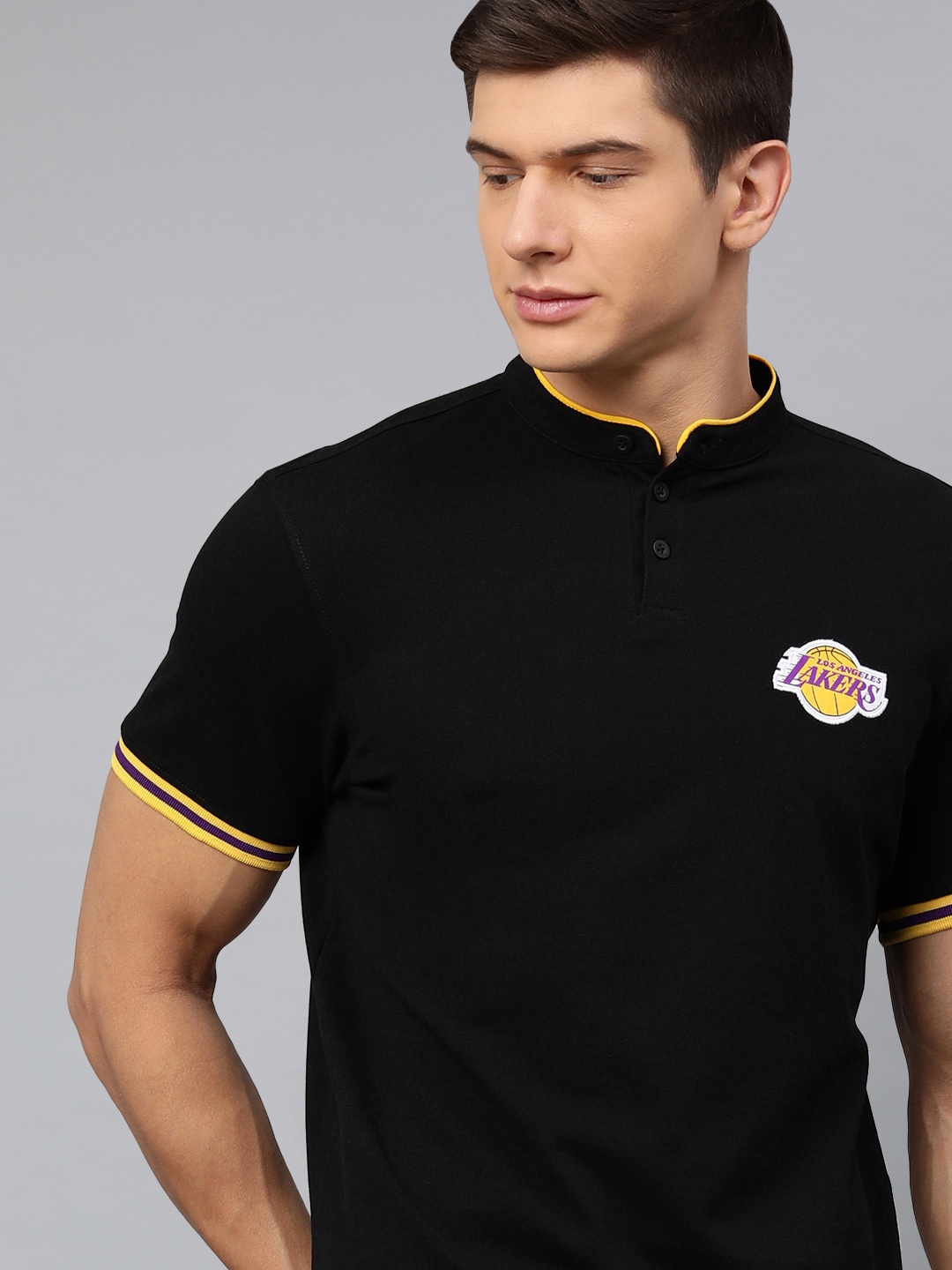 

NBA Men Black Cotton Los Angeles Lakers Classic Henley Collar T-shirt