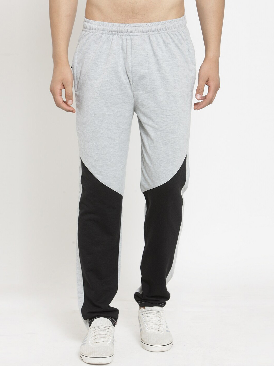 

JAINISH Men Grey & Black Colourblocked Pure Cotton Relaxed Fit Track Pants