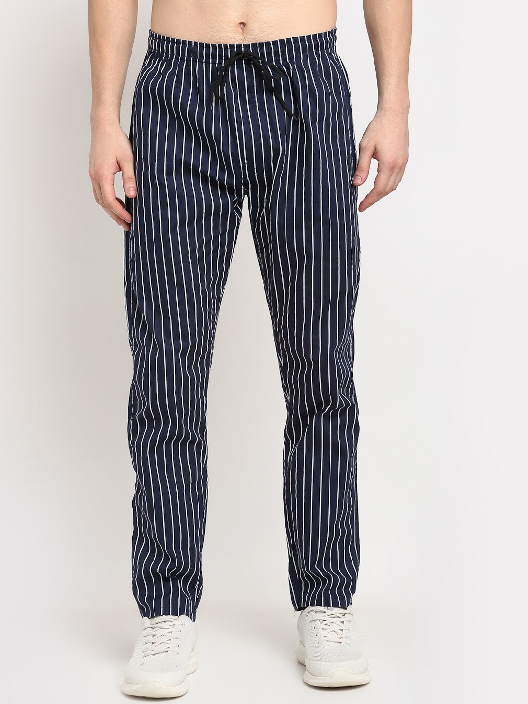 

JAINISH Men Navy Blue & White Striped Pure Cotton Track Pants