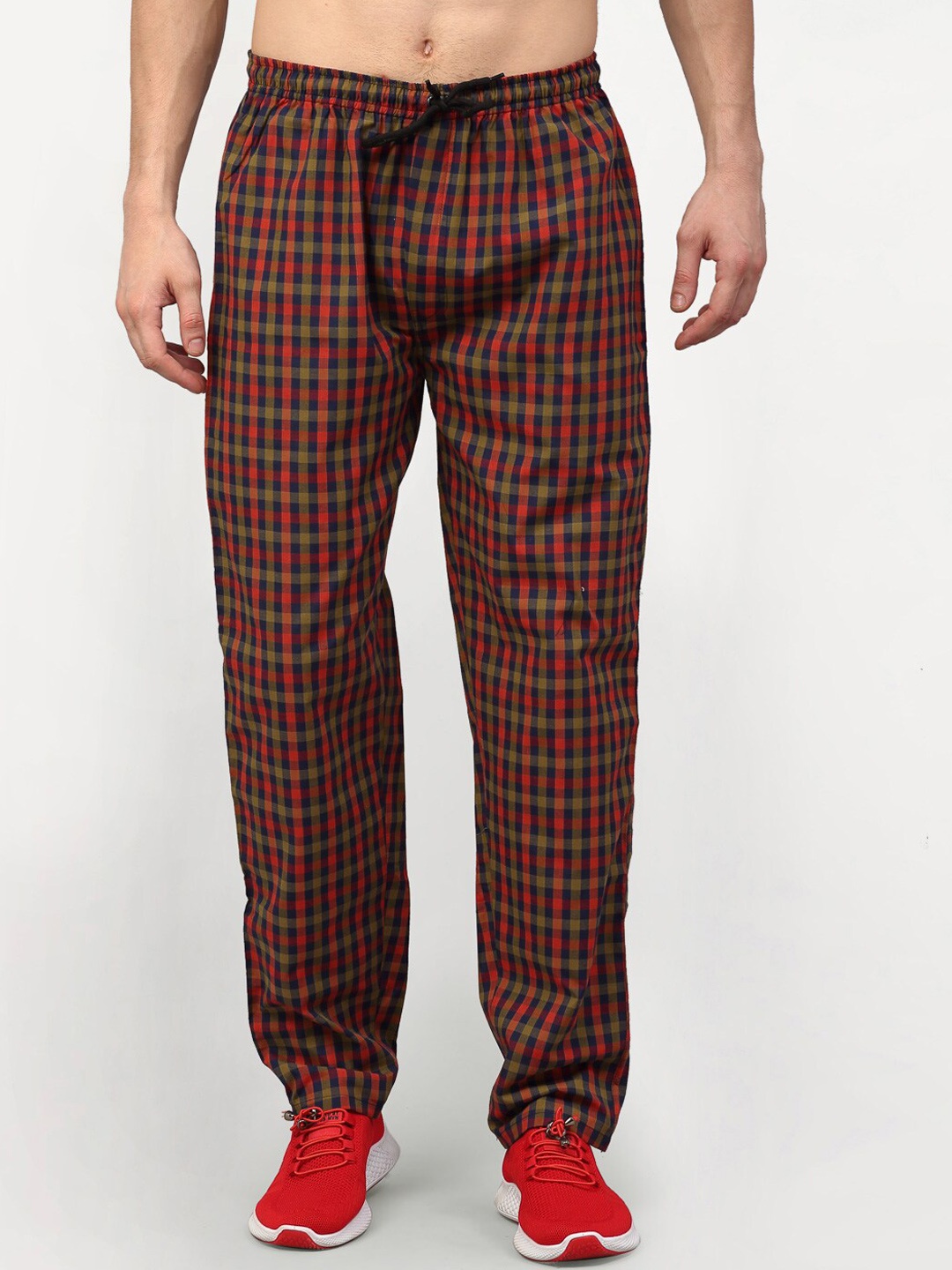 

JAINISH Men Orange & Red Checked Pure Cotton Slim-Fit Track Pant