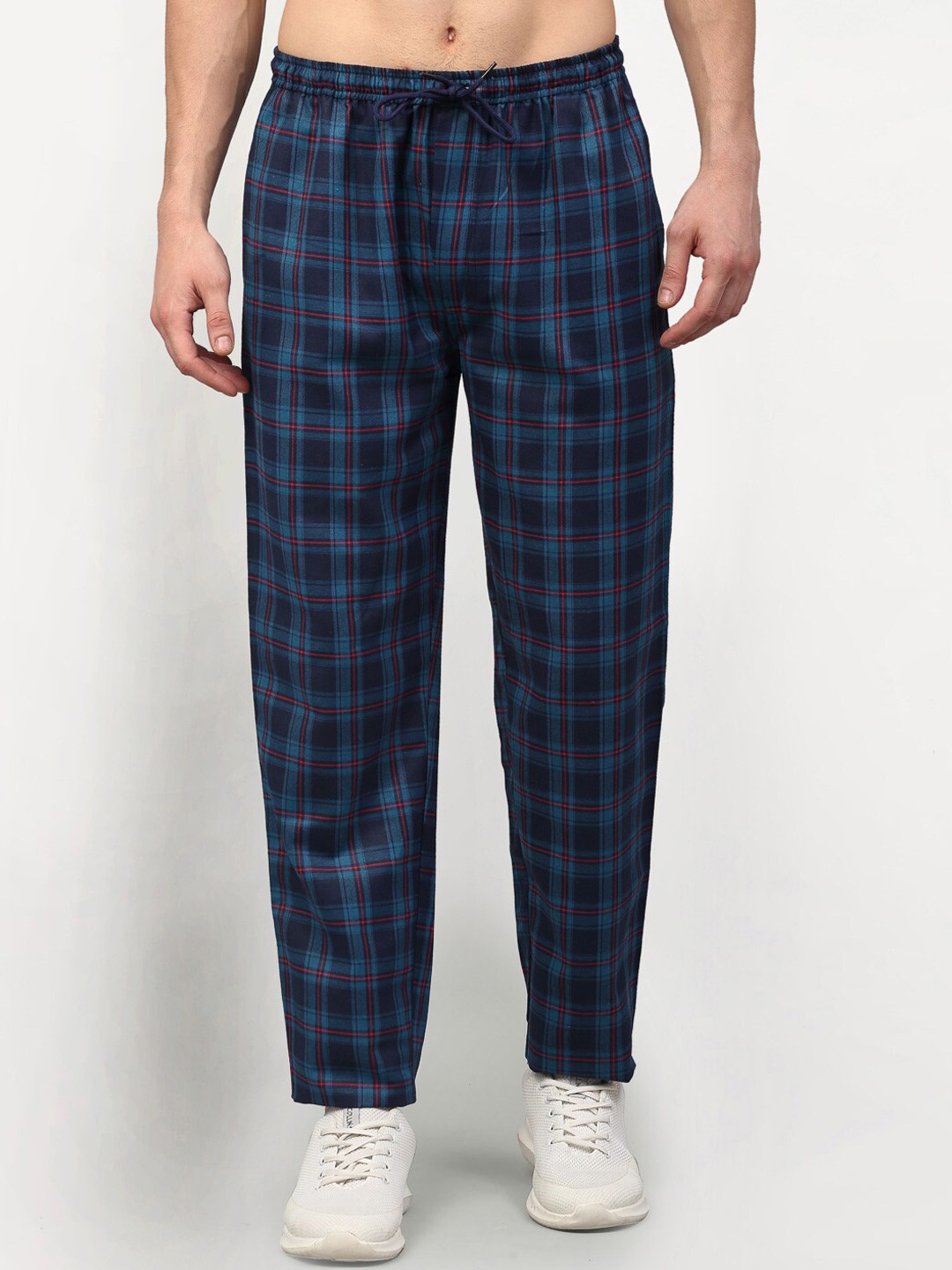 

JAINISH Men Blue Checked Pure Cotton Slim-Fit Track Pants