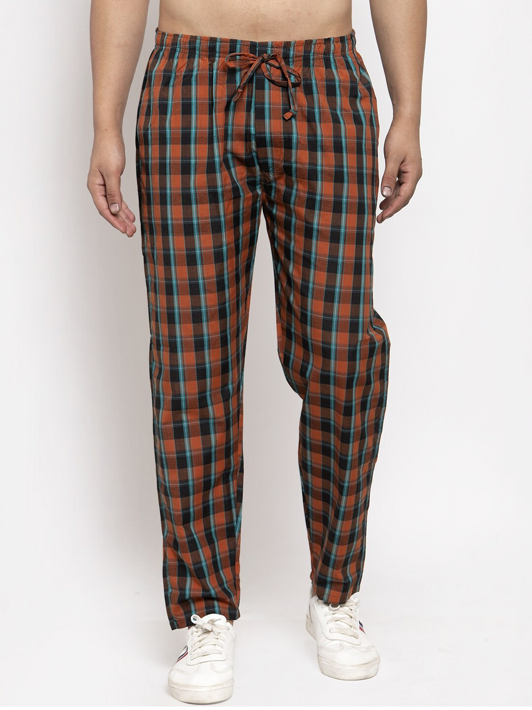 

JAINISH Men Orange& Brown Checked Pure Cotton Slim-Fit Track Pants