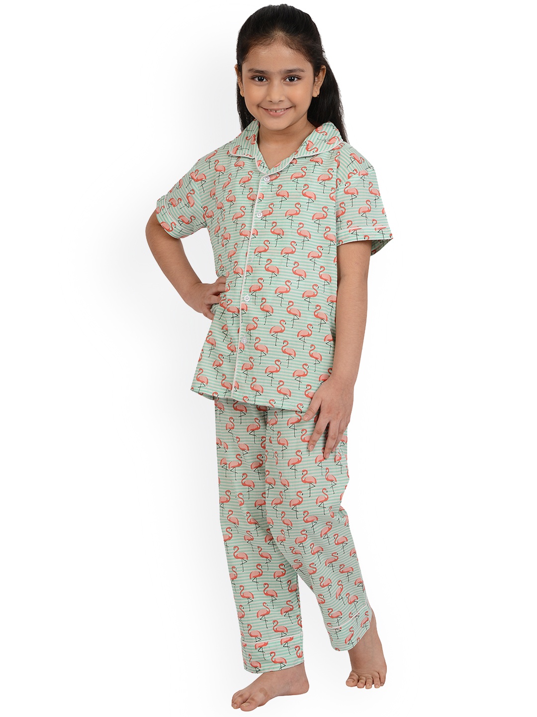 

frangipani Kids Turquoise Blue & Peach-Coloured Graphic Printed Pure Cotton Night Suit