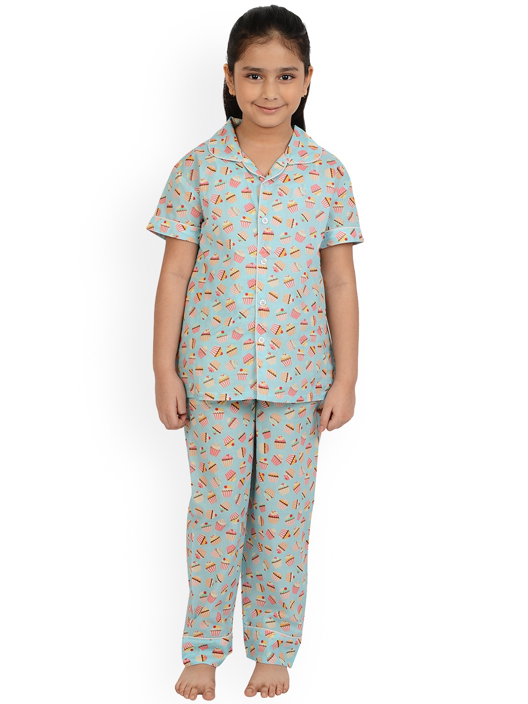 

frangipani Unisex Kids Sea Green & Pink Printed Night suit
