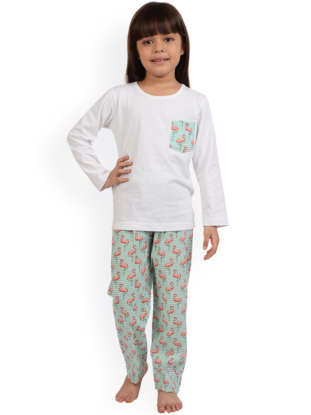 

frangipani Girls White & Blue Conversational Printed Pure Cotton Night Suits