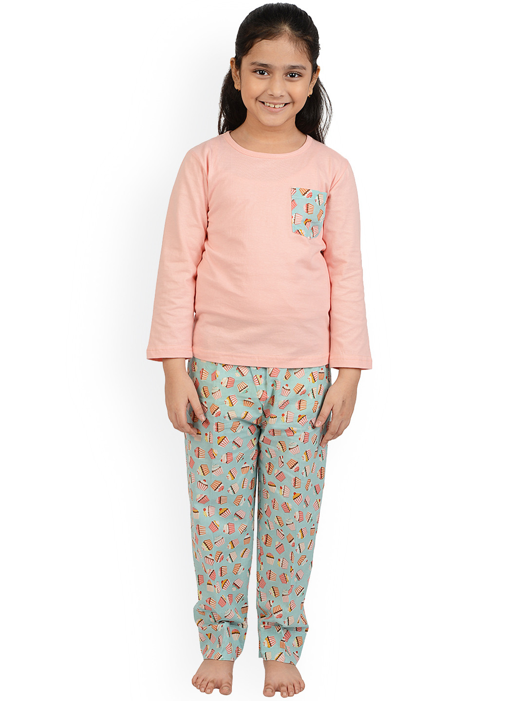

frangipani Kids Peach-Coloured & Sea Green Pure Cotton Night Suit