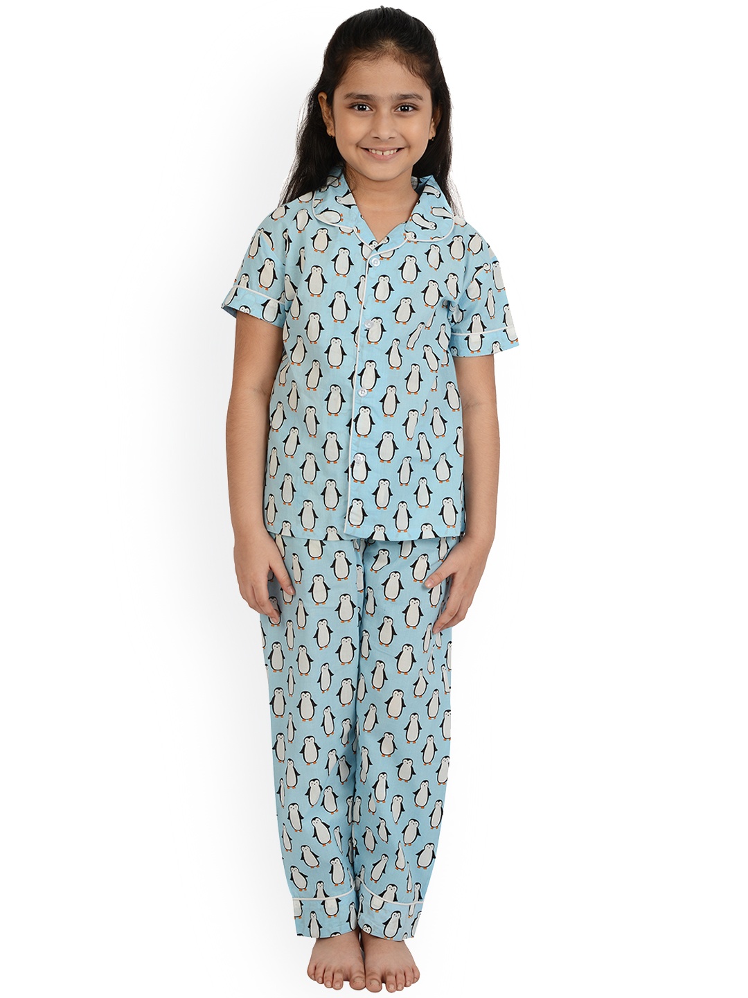 

frangipani Kids Girls Blue & White Printed Night Suit